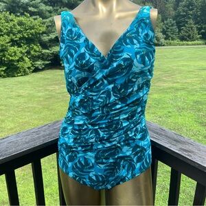 LL Bean swimsuit one piece ruching faux wrap modest tropical floral blue 12 long